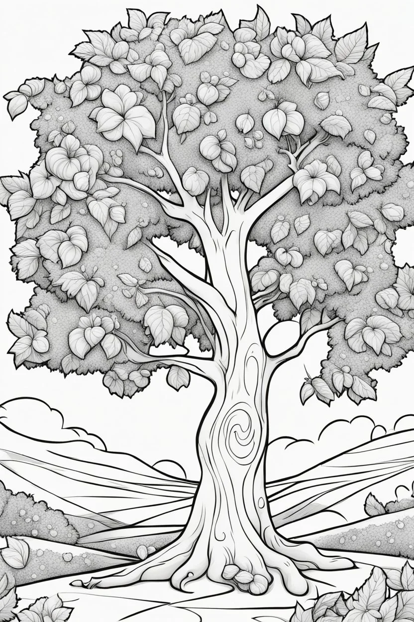 coloring page, apple tree, cartoon style, thick lines, low detail, no shading