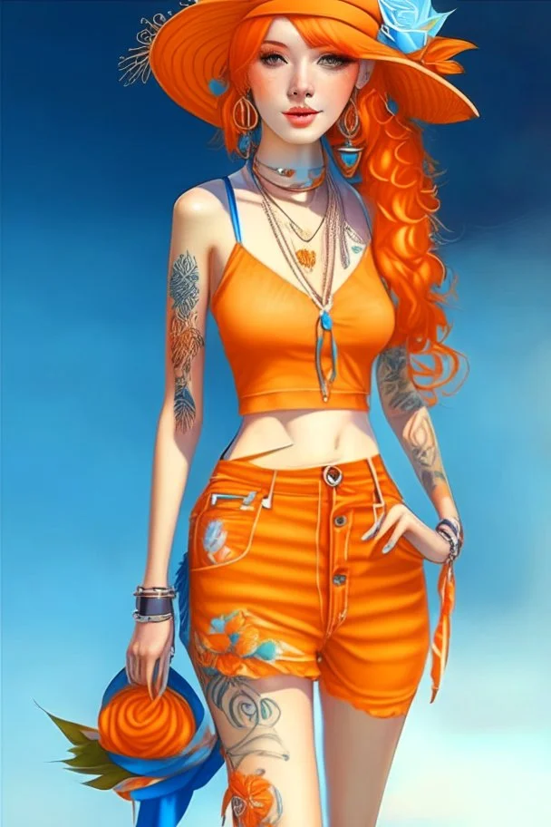 Full body of beautiful girl nami, Hair Color: Orange, Style: Wavy, Outfit Top: Blue, Outfit Bottom: Orange, Shoes: Brown, Accessories: Tangerine, Weapon: Clima-Tact, Hat: Straw, Tattoo: Pinwheel, Earrings: Hoops, sophisticated,, beautiful woman, hyper realistic, hyperrealism, photoreal, realistic, photorealistic, soft pastels, full-body, standing, long shot, wide angle, aesthetic