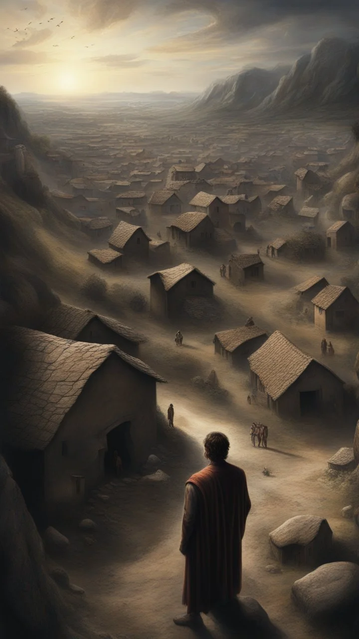 Busch nightmares paining style, thin line draw ,Title:a giant man looks like a hero holding ,a top view of a Stone Age village , 8k artistic photography, photorealistic concept art, soft natural volumetric cinematic perfect light, chiaroscuro, award-winning photograph, masterpiece, oil on canvas, Raphael, Caravaggio, Greg Rutkowski, people, beksinski, Giger