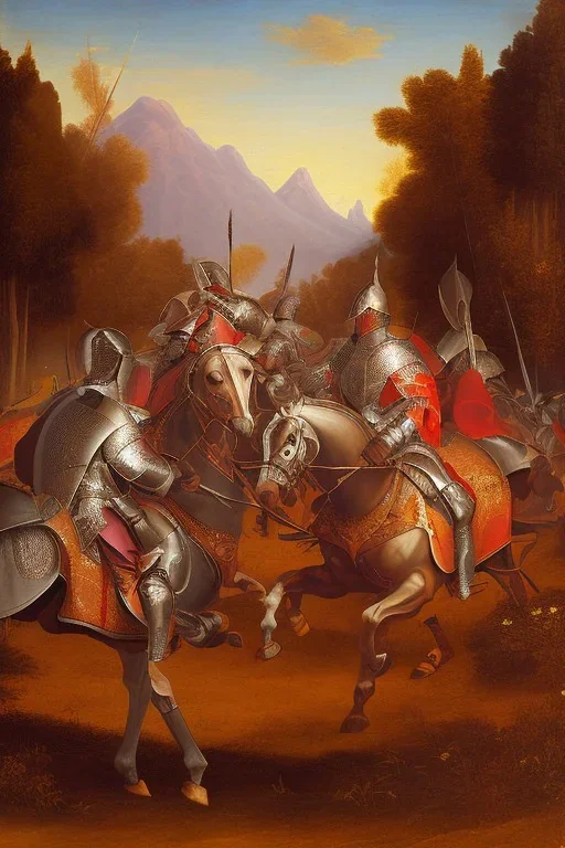 renaissance painting of mounted knights galloping across an open field, swords in hand, mountains in distance