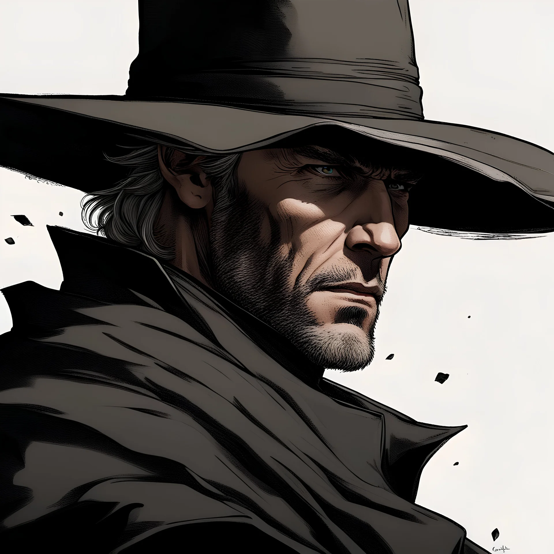 Western fantasy character realistic grimdark wearing a black cloak and looking similar to a younger Clint Eastwood