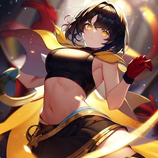 Clear focus,High resolution, Black short fluffy hair, and yellow eyes, wearing a black short skirt, sleeveless crop top, wearing long dark red gloves, yellow cloak