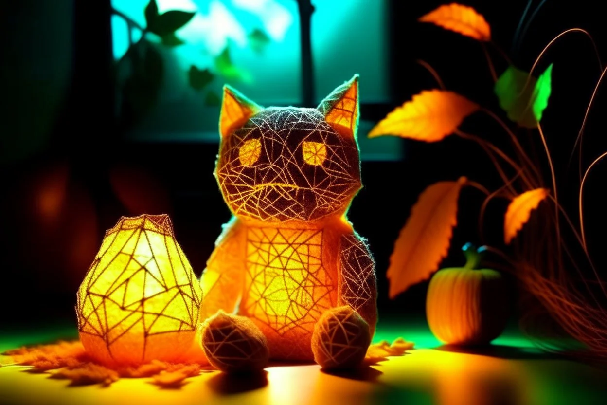 Against a dark cracked holographic marble background, a cute chibi plushy fluffy knitted and embroidered cat, tent, campfire, pond, mist and fog in sunshine, drawn in orange glowing neon lines. The cracks in the background are golden. Ethereal, cinematic postprocessing.