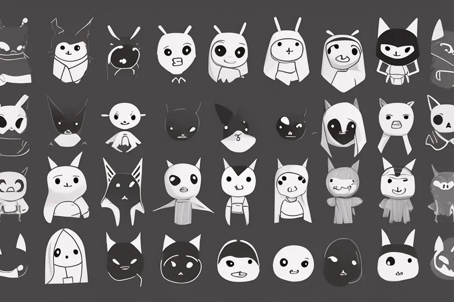 6 simple shaped hand drawn cartoon characters that are cute dark and have hoodies