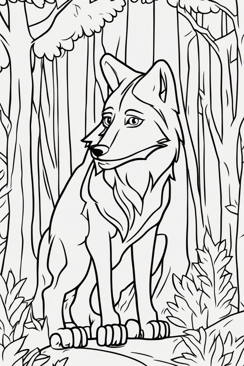 kids coloring page, wolf in a forest, cartoon style, thick lines, very low detail, no shading