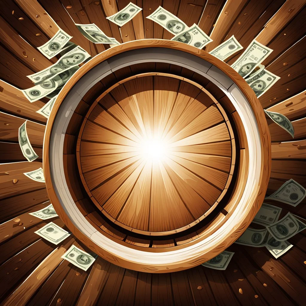 a wooden barrel : 1.5 ) money goes in from above and money comes out from below, ultra quality, vector graphics