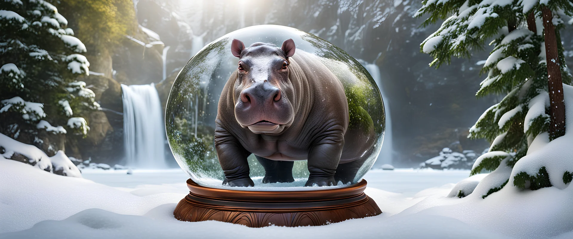 hippo in the snow with santa claus, forest alley waterfall background, close-up shot, all inside crystal ball, realistic,Highest quality telescopic Zeiss Zoom lens, supreme cinematic-quality photography, steel walnut wood green leather clothes, Art Nouveau-visuals,Vintage style Octane Render 3D technology,hyperrealism photography,(UHD) high-quality cinematic character render,Insanely detailed close-ups capturing beautiful complexity,Hyperdetailed,Intricate,