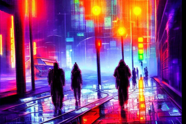 Cyberpunk street, impressionism painting