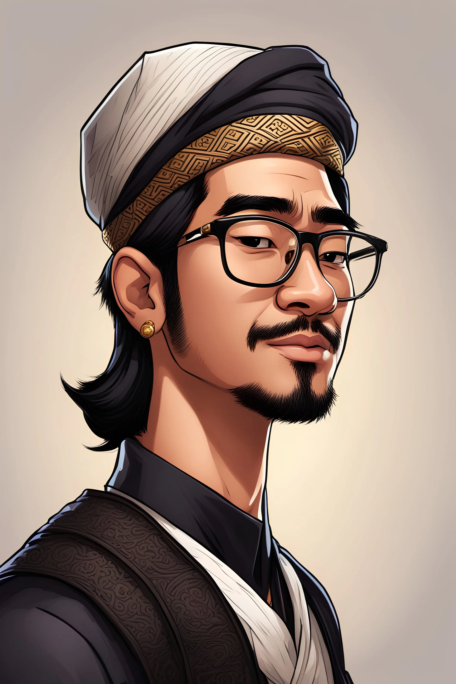 profile cartoon image from photo, with glasses, bold, wearing a Kufi and a black vest, asian, male