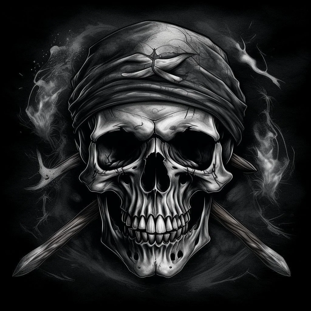 A pirate skull , Hyper Realistic Aerial Grungy Dark-Grey Brush strokes on a dark rustic background with charcoals