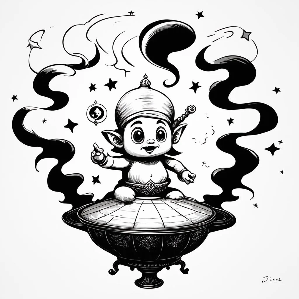 Make black and white cute drawing of a jinn with black bold lines. Only outline, no grayscale. An oriental djinn emerging from an antique lamp, surrounded by swirling smoke filled with stars and crescent moons. The djinn has a mischievous yet kind expression.