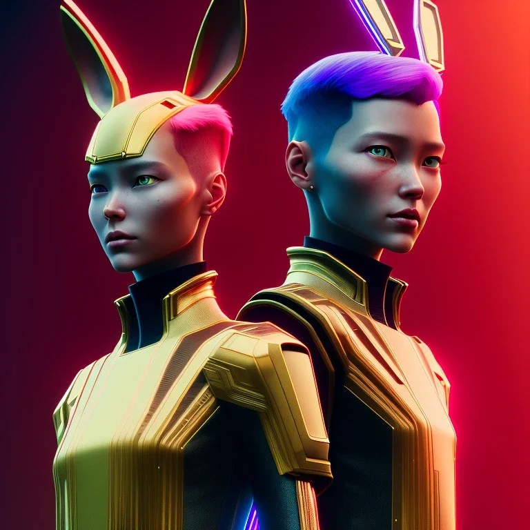 MCU Portrait, Front image. cyberpunk Asian woman, pink short hair. rabbit mask, latex suit. Red, black, gold, color. Punk style. Gradient background, highly detailed, concept art, smooth, unreal engine 5, god rays, ray tracing, RTX, lumen lighting, ultra detail, volumetric lighting, 3d, finely drawn, high definition, high resolution.