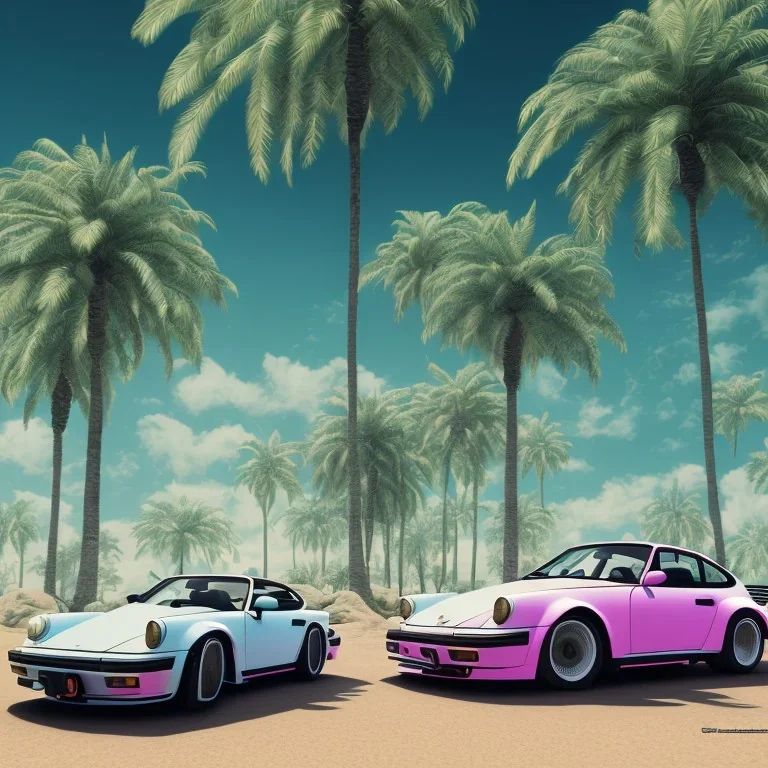 1980's aesthetic vaporwave palm trees and spheres and Porsche with lightning