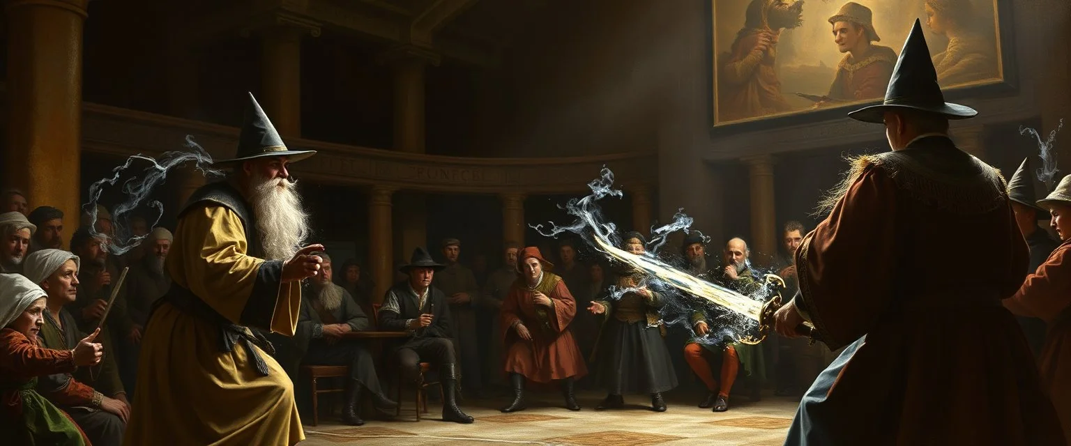 master oil painting by Rembrandt, A wizard's duel: Two mages are about to engage in a formal, non-lethal duel in a sanctioned magical arena. The crowd is placing bets. The party can watch or try to get in on the action.