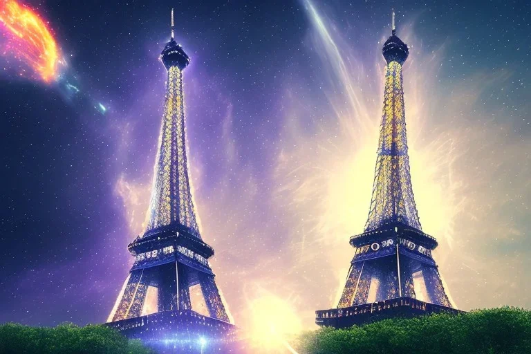 Eiffel tower made from diamonds . nebula in sky . flying cars passing by.