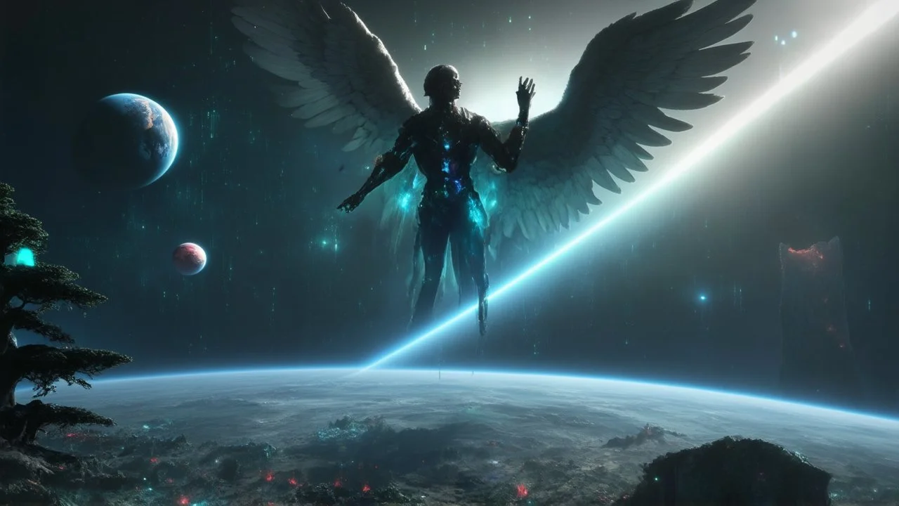 matrix, god creation, few planets on the back ground. small and large deposits of monoliths of red, blue, and green crystals of tiberium on the right side, seven space trees on the left side of the angel from the other dimensions.