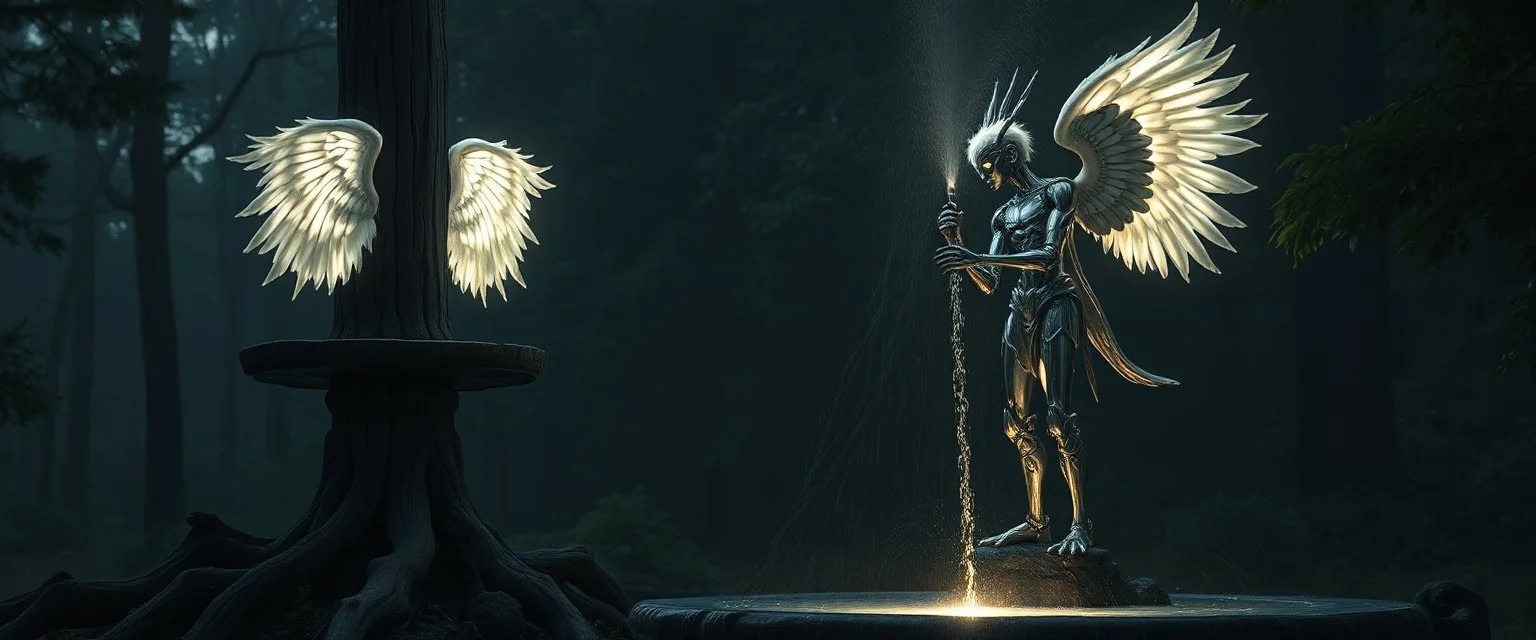 radiant white feather light mirror bounce ancient angelic wooden treant Robot by dark fountain,sonoluminessence