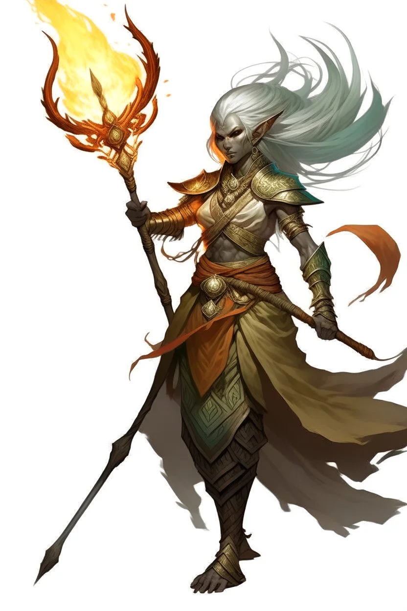 Air genasi from dnd with ashesen skin and asian flowing hair on head holding a spear in Monk attire with ash giant symbolism more ash less fire