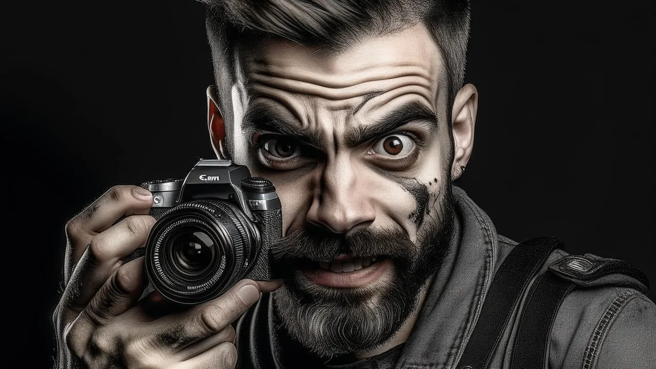 manic man with scar on his face holding a camera