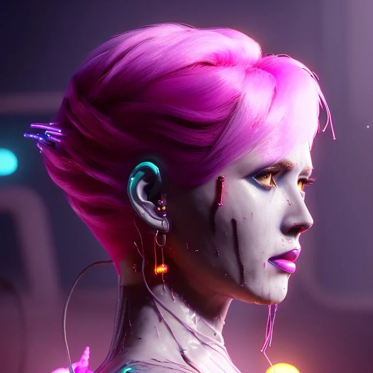 pretty pink hair cyber woman, cold ambient, latex, cables, purpurin, blood, black, gold, piercings, brown, decorative color feathers, circuits, neon style, a lot of led lights, fog, rain, vibrant color, highly detailed, art stations, concept art, smooth, unreal engine 5, god rays, ray tracing, RTX, lumen lighting, ultra detail, volumetric lighting, 3d, finely drawn, high definition, high resolution.