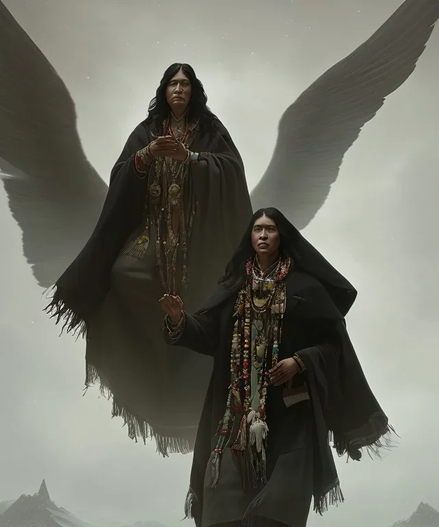 native american shaman, wise man, long black hair, black hooded coat like wings, 8k resolution concept art portrait by Greg Rutkowski