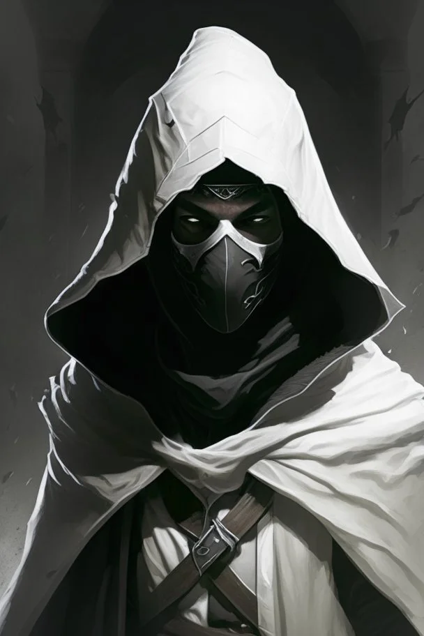 dungeons and dragons man wearing black robes and hood wearing a white mask