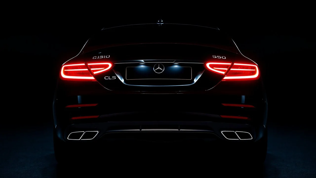 Rear view of a black Mercedes-Benz CLS 550 with bright neon lights on a black background