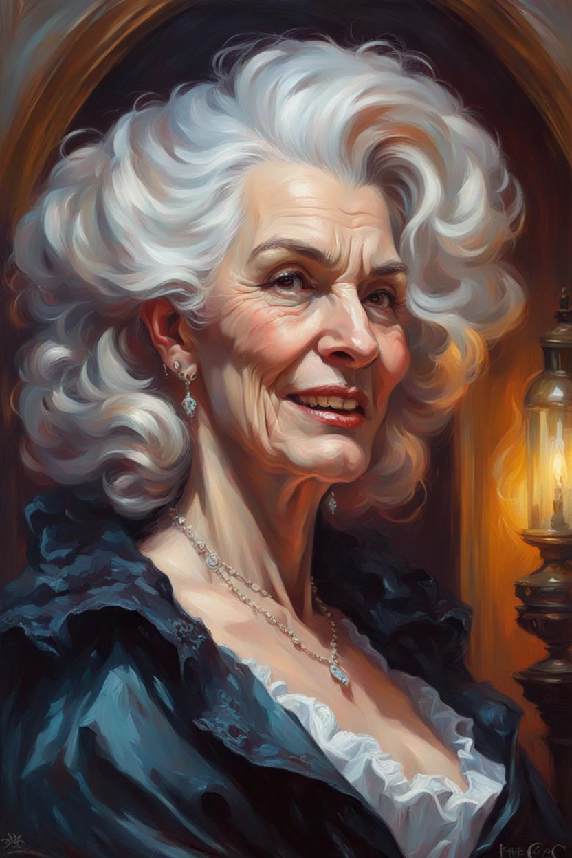 oil painting of a aged female vampire elder with highly detailed hair and facial features ,in the painting style of Daniel F. Gerhartz, with a fine art aesthetic and a highly detailed brushstrokes, realistic rococo style