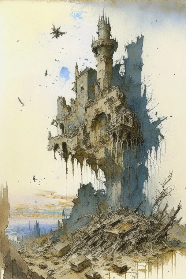 Destroyed City, medieval ruins, debris, stone, breched, brocken, Perspektiv from the sky, by Jean-Baptiste Monge, Ivan Bilibin, Albert Bierstadt, Reza Badrossama ink, pencil sketch, splash art, intricate details, fantasy, beautiful, oil on canvas, award winning, imperial colours, fantastic view, radient colours, very attractive, crisp quality