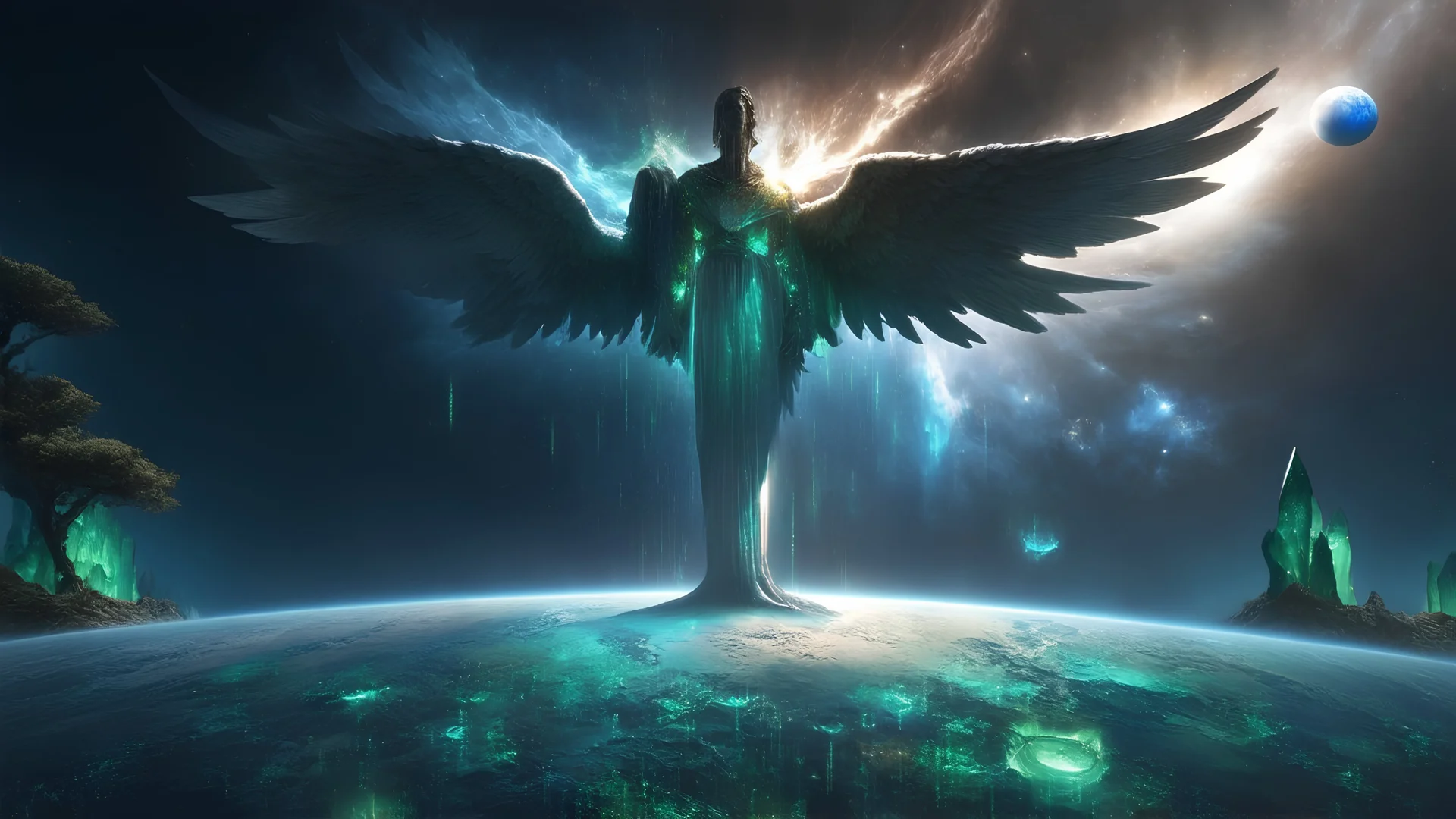 matrix universe, space, planets, god creation, angels from other dimensions with beautiful wings, trees on the planet, behind green crystals of light, few tiberium monolith deposits on the planet near tree,