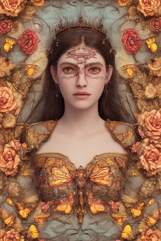 upper bust portrait, the queen of butterflies, coloured paint like butterfly wings on face in symmetrical pattern, intricate metal work crown, extremely detailed clothing, in a field of roses, 8k resolution concept art, dynamic lighting, intricately detailed, hyperdetailed, beautiful, ethereal, elegant, golden hour, (butterfly), gothic