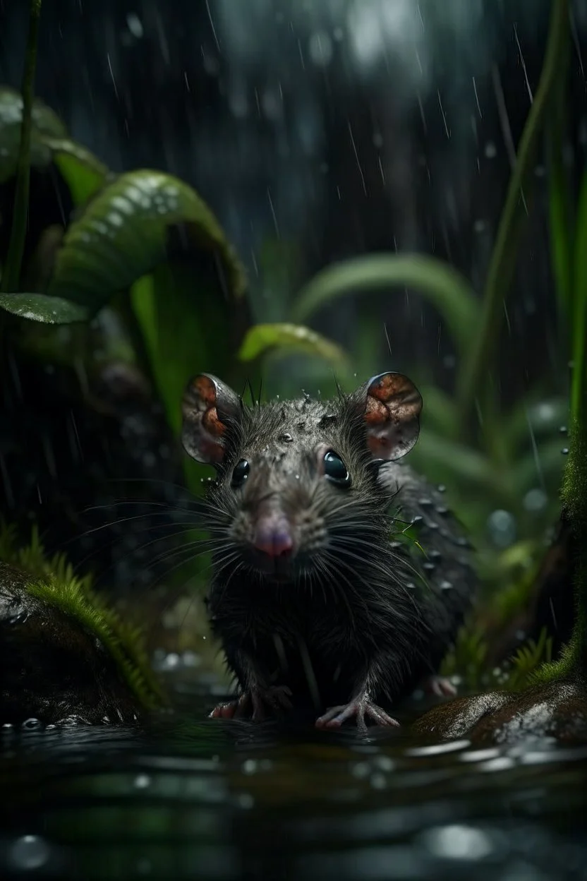 rat cat lost beauty contest through dark clouds, portrait in weird waterfall in moist swamp planet , photo-realistic, shot on Hasselblad h6d-400c, zeiss prime lens, bokeh like f/0.8, tilt-shift lens 8k, high detail, smooth render, down-light, unreal eng