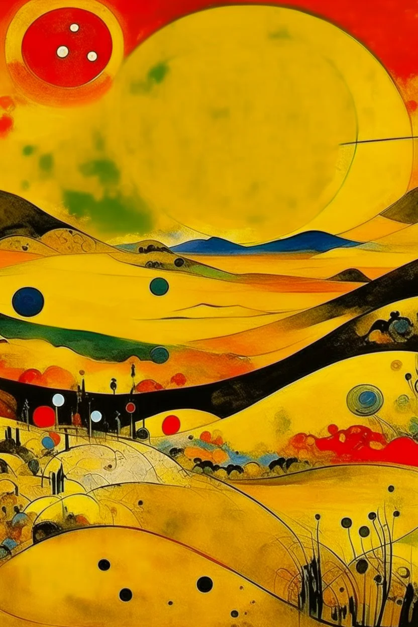 A yellow desert with a shining sun painted by Wassily Kandinsky