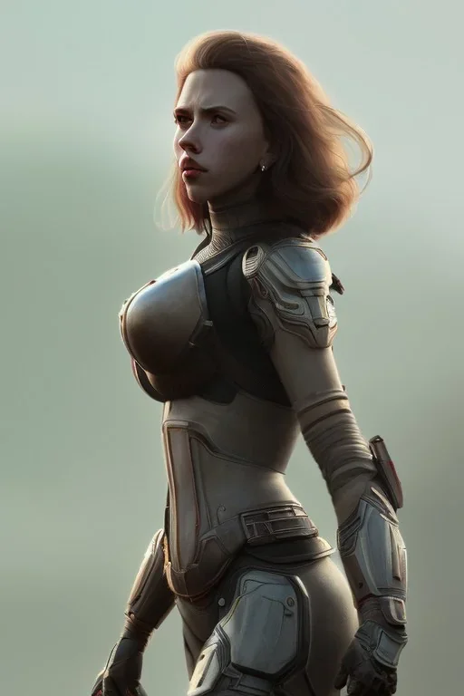 full body, Scarlett Johansson identify face, leather armour , big busty , pintura, ,details,texture,8k quality, florest, Minimalism, Romanticism, Expressionism, Impressionism