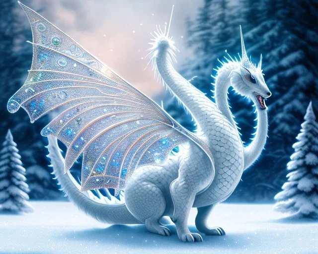 mdjrny-v4 style, a white dragon with fairy-like transparent glowing and sparkly wings standing in snow, full body, silver and teal background, glowing soft and smooth wings, realistic, highly detailed intricately detailed, shiny snowy background, soft studio lighting, trending on artstation, by artist "Julie Bell", by artist "Greg Rutkowski"