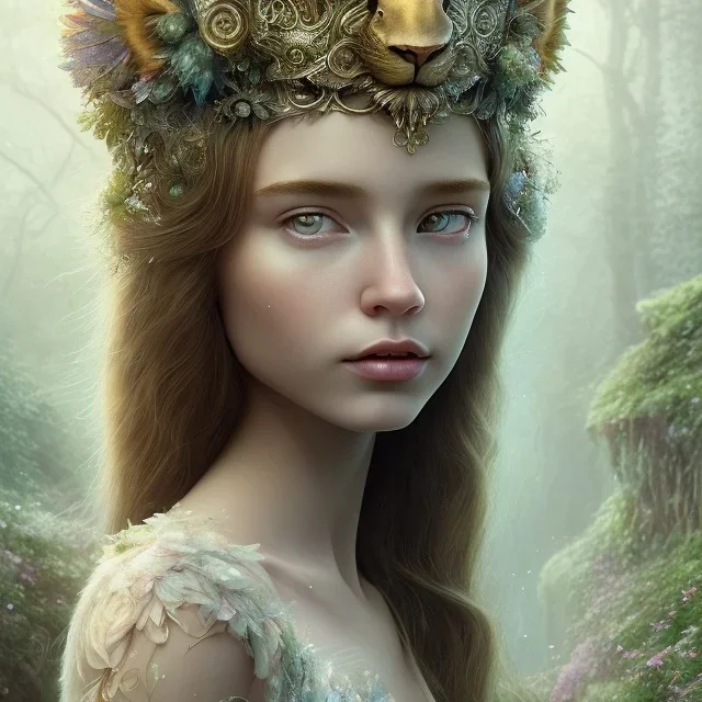 Young beautiful girl wearing floral crown with a stunning lion on nature forest path, Chronicles of Narnia, 8k resolution, high-quality, fine-detail, iridescent, intricate, digital art, detailed matte, volumetric lighting, beautiful, illustration, 3D octane render, brian froud, howard lyon, selina french, anna dittmann, annie stokes, lisa parker, greg rutowski,