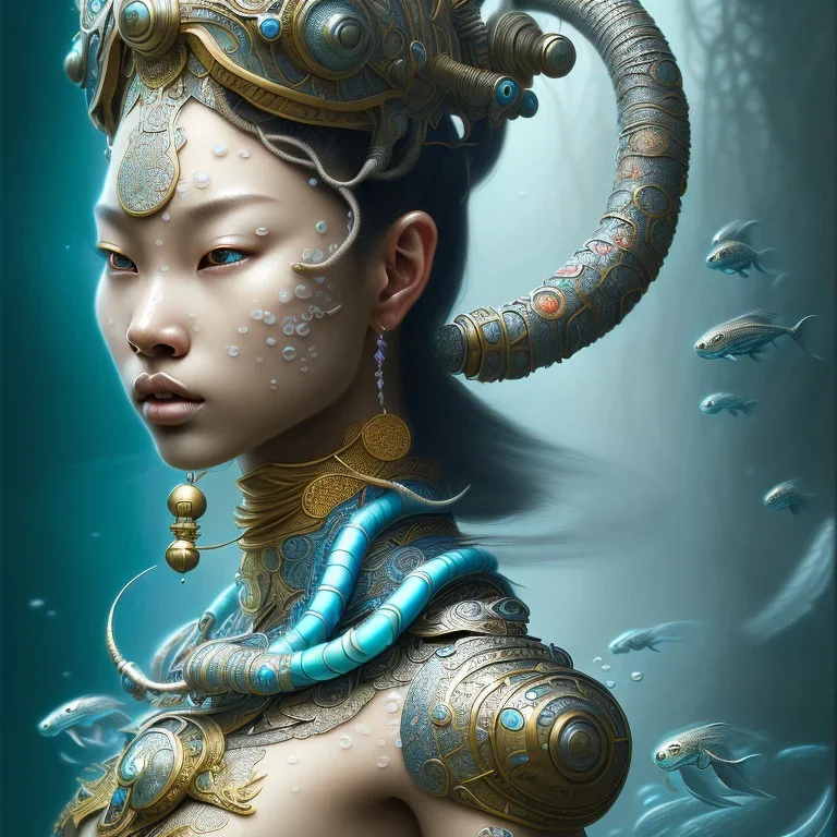 Sango fantasy, fantasy magic, intricate, sharp focus, illustration, highly detailed, digital painting, concept art, matte, art germ and Paul Lewin and Kehinde Wiley, masterpiece Japanese dancer head bronze eel' Asian African girl nice breast Thai hair turquoise silver blue under water