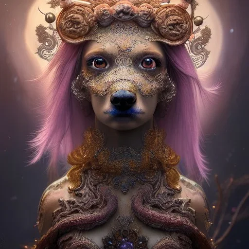 Insanely detailed photograph of an elaborate beautiful dog goddess intricate glowing skin eyes intricate face hair lashes fur dress hyperdetailed painting by Anna Dittmann Huang Guangjian and Dan Witz CGSociety ZBrush Central fantasy art album cover art 4K 64 megapixels 8K resolution HDR Greek shiny space colours jewelry celestial hair eyes light"