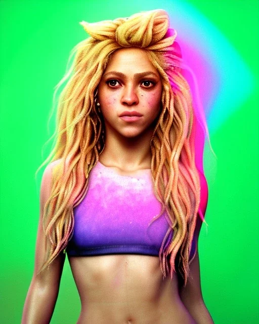 portrait, Shakira, blonde artist, Realistic image, drinking a strawberry milkshake, pink line make-up, sweat, fog, goddess style, Neon colors, leds. Color background, photo studio, concept art, smooth, unreal engine 5, god lights, ray tracing, RTX, lumen lighting, ultra detail, volumetric lighting, 3d, finely drawn, high definition, 4k.