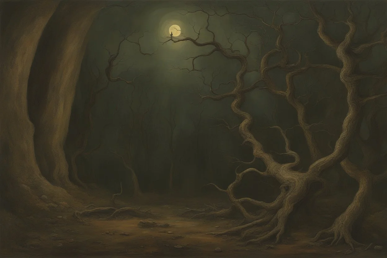 night, dry trees, rocks, mountains, cliffs, philosophic influence, horror gothic movies influence, dark fantasy and witchcraft influence, anna boch, and friedrich eckenfelder impressionism paintings