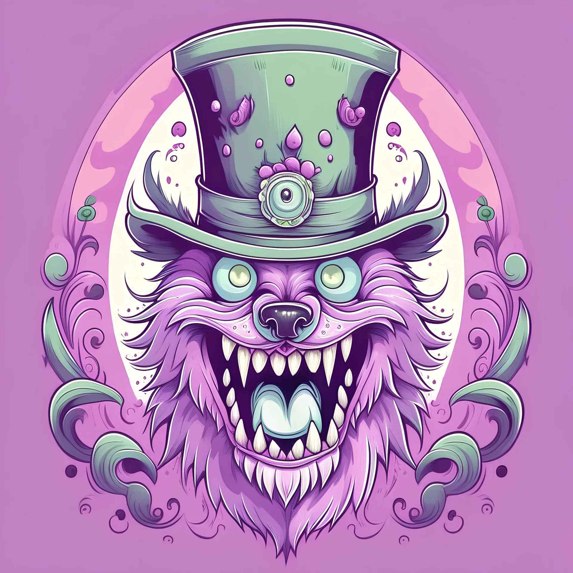 Pink and purple pastel dream Monster, wolf with teeth all over body, top hat and a monocle, horror cartoon,