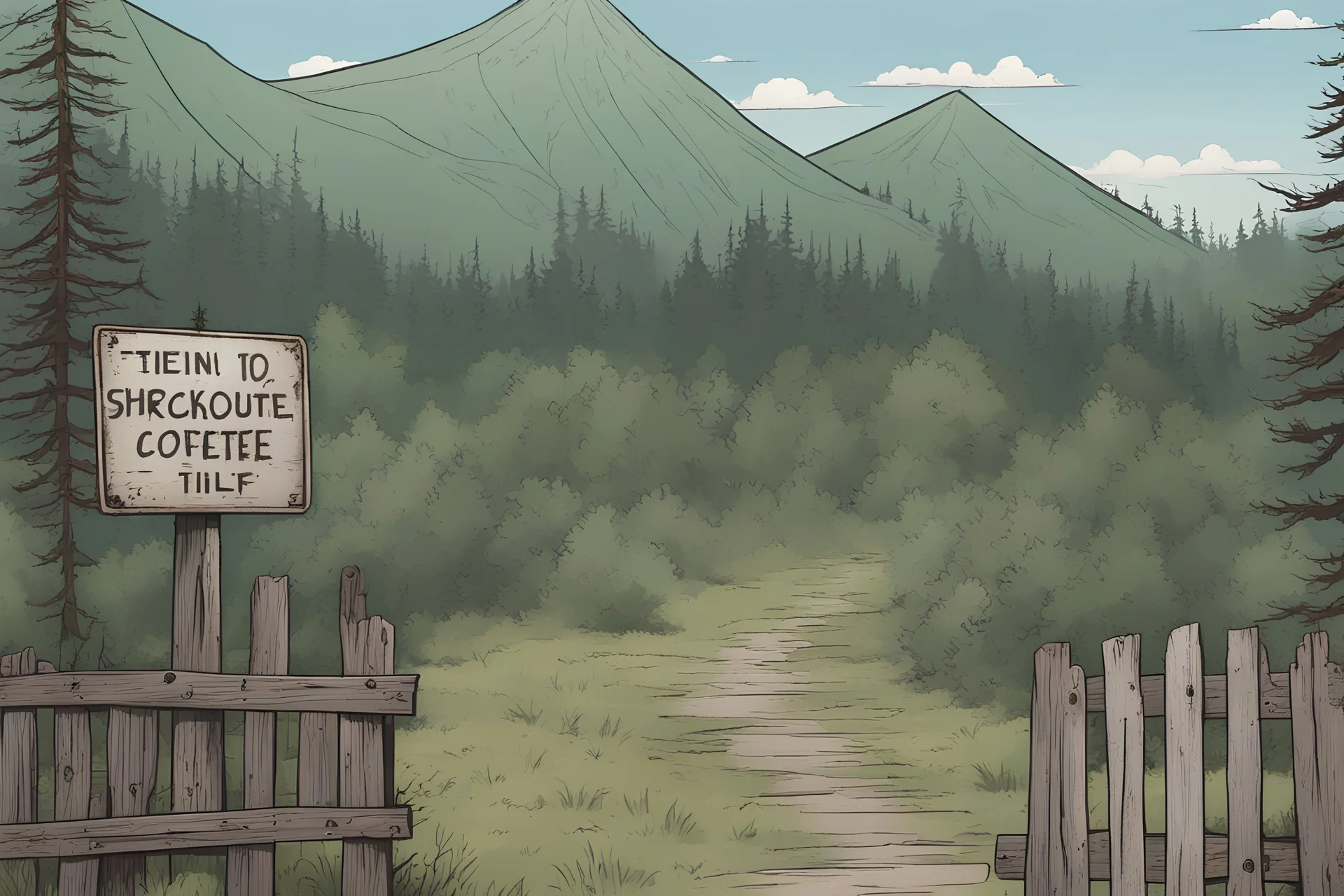 night, lookout, fence, mountain, forest, overgrown, post-apocalyptic, comic book, camp site signs