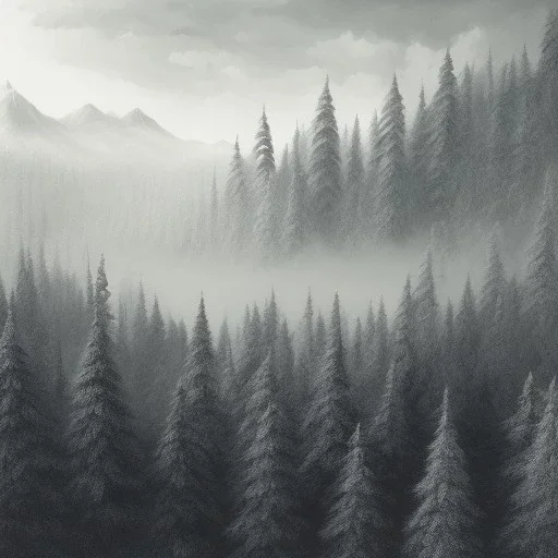 Realistic charcoal drawing of sharp mountains fog and forest