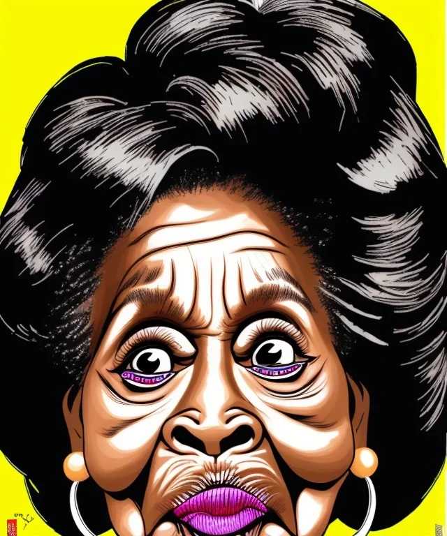 a caricature close-up face portrait of mad maxine waters, extreme cross-eyed, pouting, looking very very sad very very very angry, drawn by mort drucker mad magazine