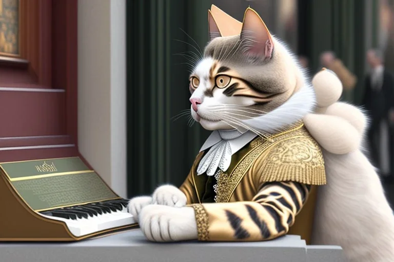 Mature cats dressed like "Wolfgang Amadeus Mozart", paws, playing music, street, Vienna, friendly, sunny day, model style, hyper realistic, extremely accurate, delicate, extremely detailed, Graphic novel style, wide-angle, open aperture, superfine pencil