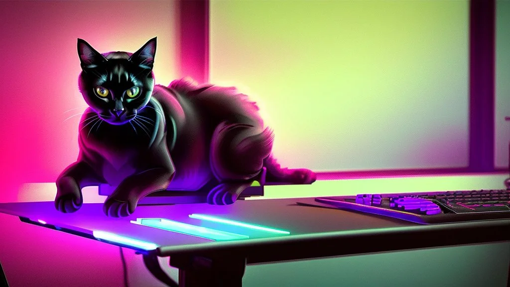 Cute black cat sitting on a gaming chair, in front of a gaming PC table, in a dark room with purple lights and gaming posters, atmospheric, gorgeous, realistic