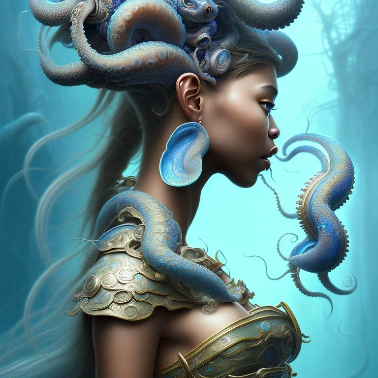 Sango fantasy, fantasy magic, intricate, sharp focus, illustration, highly detailed, digital painting, concept art, matte, art germ and Paul Lewin and Kehinde Wiley, masterpiece Japanese mermaid head bronze octopus' Asian African girl nice breast Thai hair turquoise silver blue under water