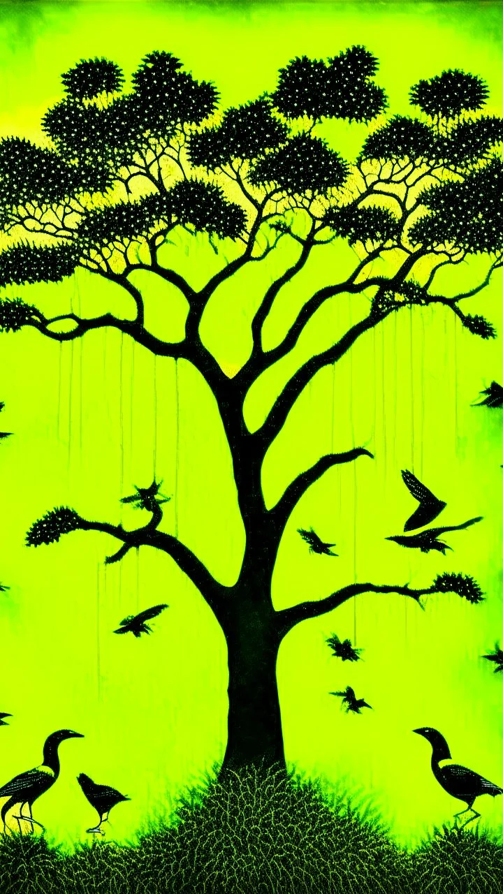 Jungle birds flying around big tall tree, painting, yellow and black