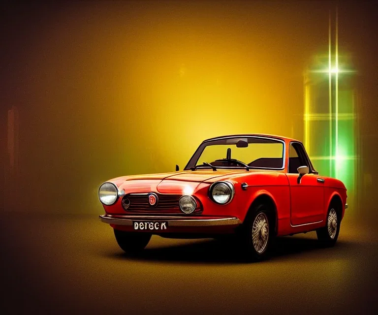 fiat 125p, city. high speed. bokeh. lens flare. warm lights. high detailed. oil on canvas