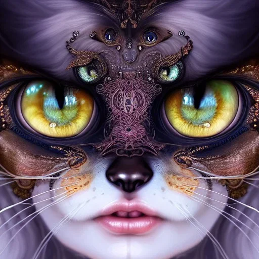 "Insanely detailed photograph of an elaborate beautiful cat goddess intricate glowing skin eyes intricate face hair lashes fur dress hyperdetailed painting by Anna Dittmann Huang Guangjian and Dan Witz CGSociety ZBrush Central fantasy art album cover art 4K 64 megapixels 8K resolution HDR Greek shiny space colours jewelry celestial hair eyes light"